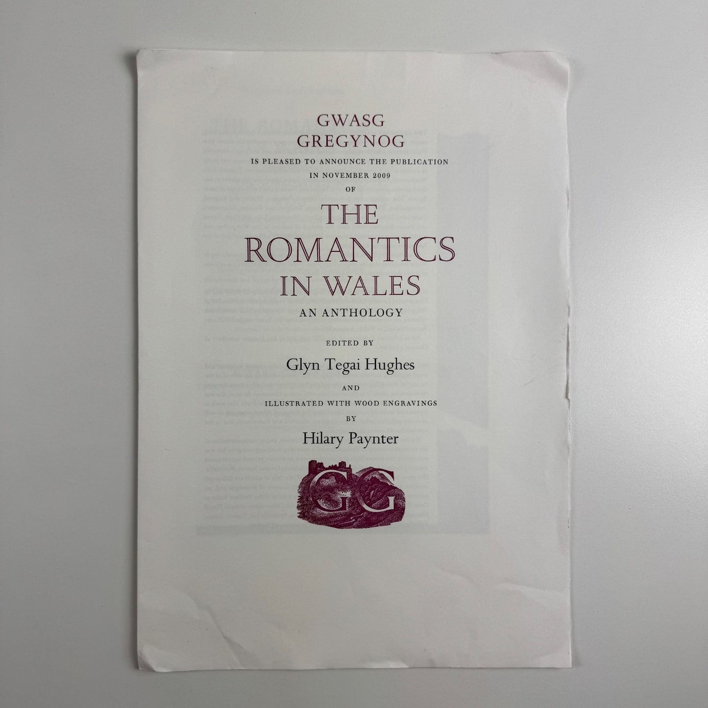 Prospectus for The Romantics in Wales edited by Glyn Tegai Hughes, wood engravings by Hilary Paynter Gregynog 2009