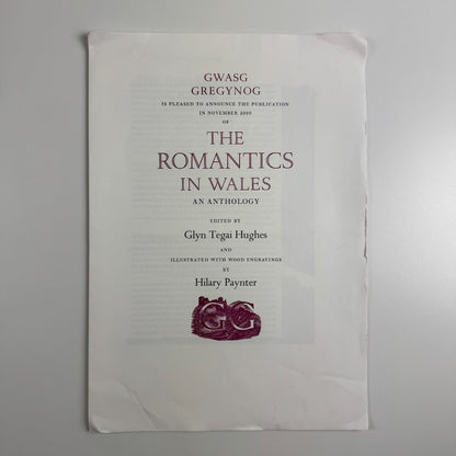 Prospectus for The Romantics in Wales edited by Glyn Tegai Hughes, wood engravings by Hilary Paynter Gregynog 2009