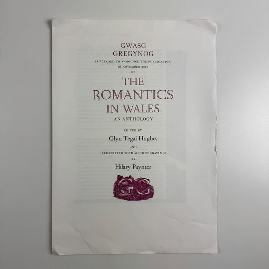 Prospectus for The Romantics in Wales edited by Glyn Tegai Hughes, wood engravings by Hilary Paynter Gregynog 2009