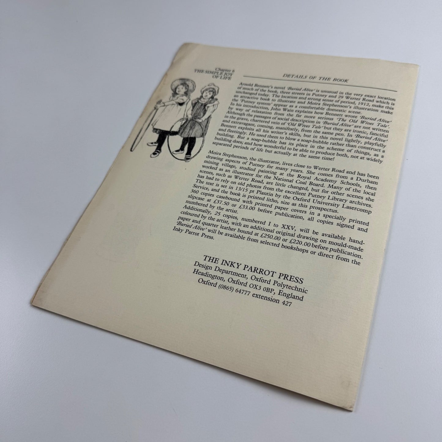 Prospectus for Buried Alive by Arnold Bennett | The Inky Parrot Press, 1985