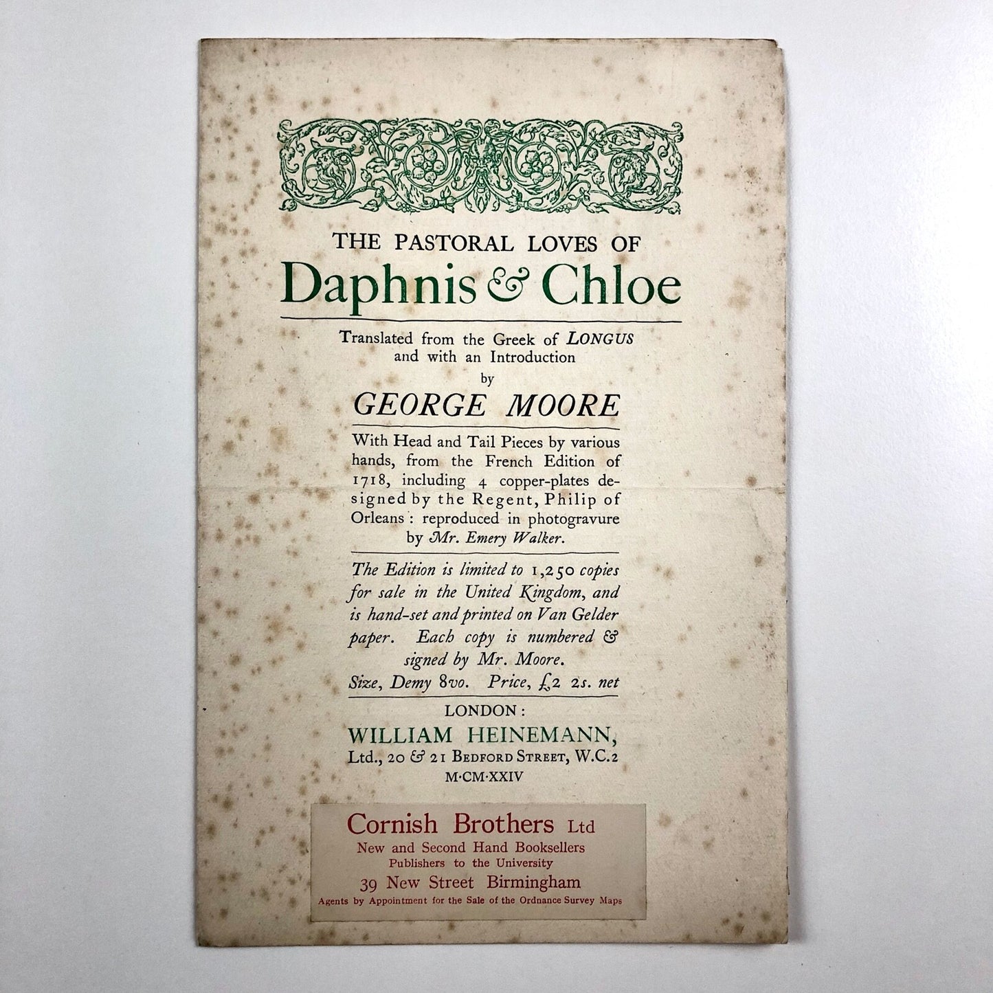 Prospectus – The Pastoral Loves of Daphnis & Chloe | Translation George Moore | William Heinemann | Undated, presumed to be c.1924