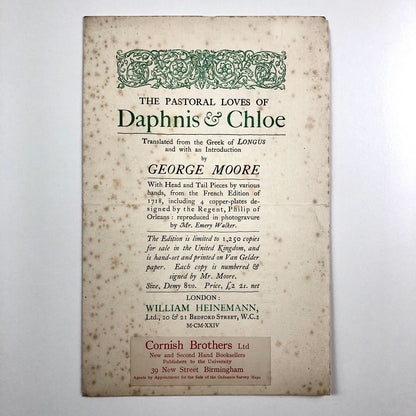 Prospectus – The Pastoral Loves of Daphnis & Chloe | Translation George Moore | William Heinemann | Undated, presumed to be c.1924