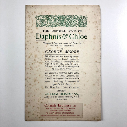 Prospectus – The Pastoral Loves of Daphnis & Chloe | Translation George Moore | William Heinemann | Undated, presumed to be c.1924