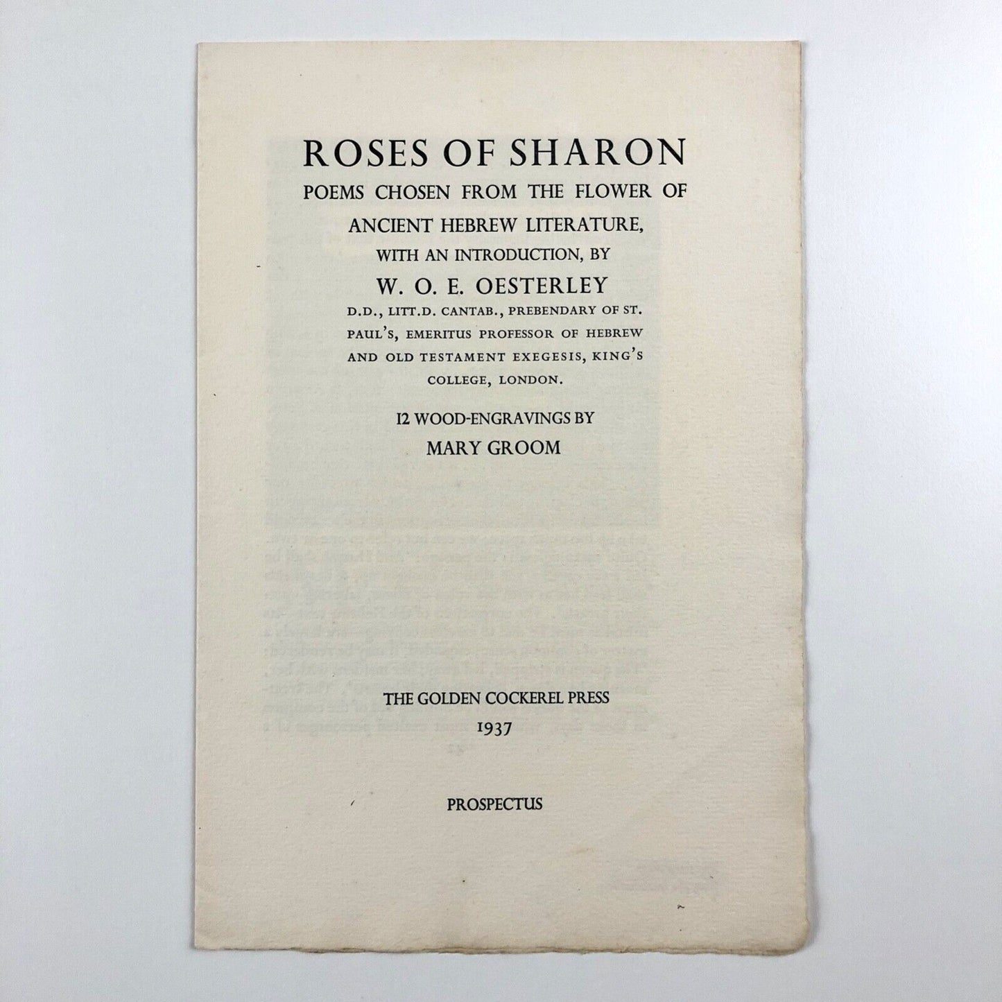 Prospectus Roses of Sharon W.O.E Oesterley | Mary Groom | Golden Cockerel Press, 1937