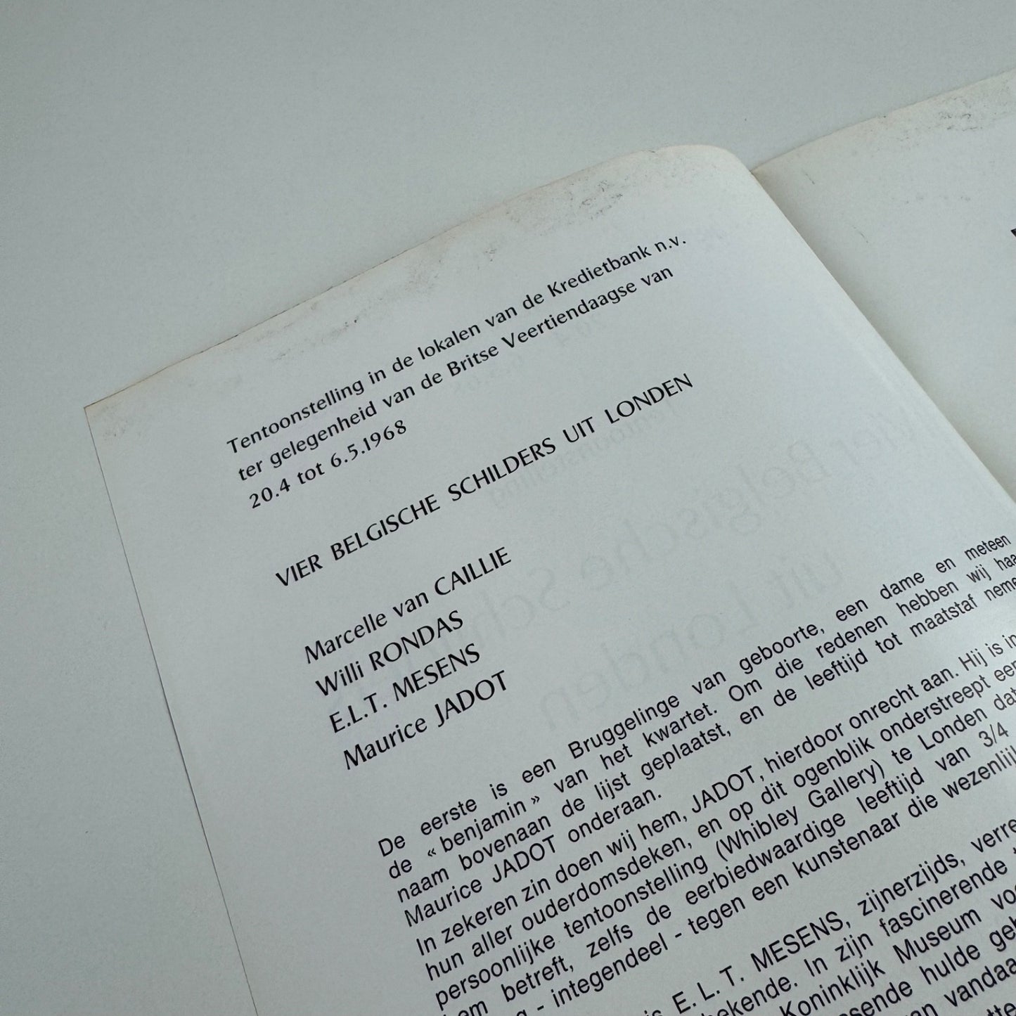 Leaflet Vier Belgische Schilders uit Londen (Four Belgian Painters from London) | Marcelle van Caillie, Maurice Jadot, E.L.T. Mesens, Willi Rondas | Britse Veertiendaagse te Brugge 1968