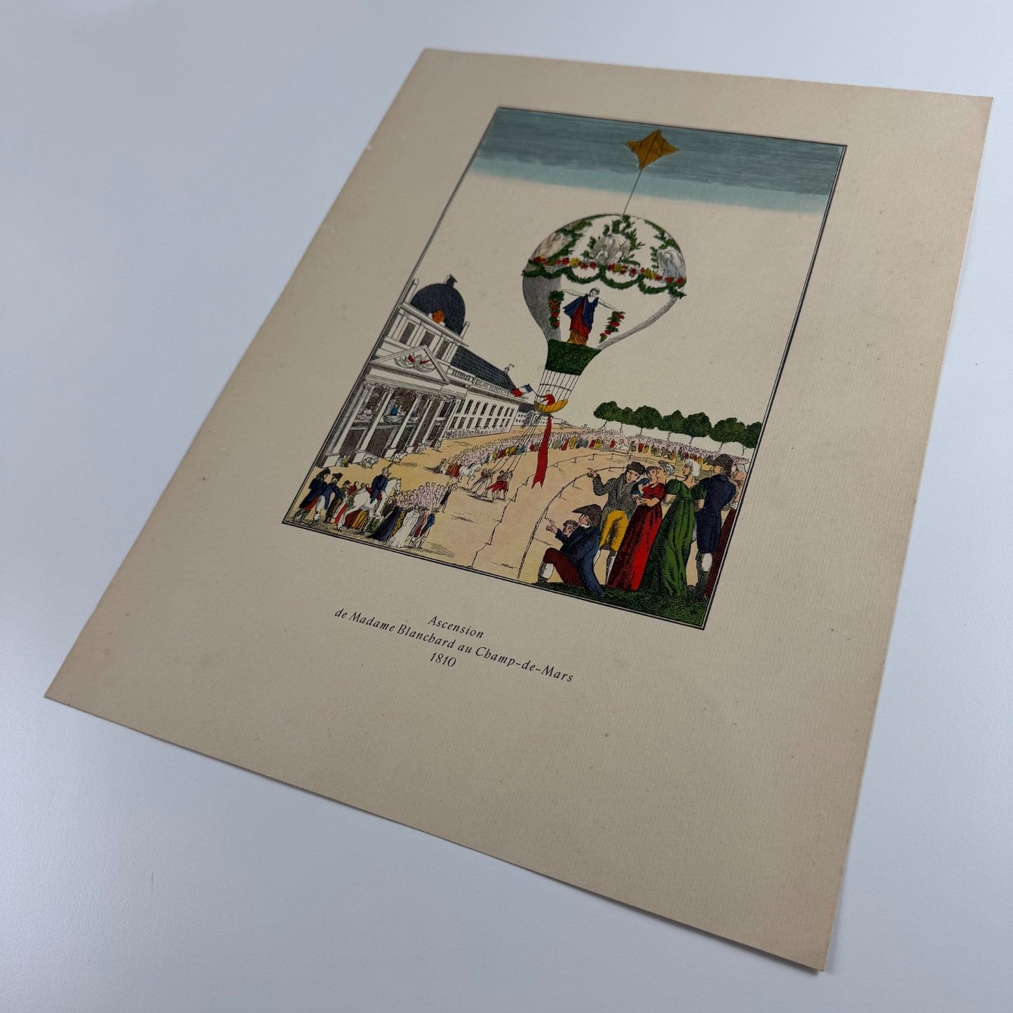 Coloured print hot air balloon, Madame Blanchard’s ascension Aerial Press 1956