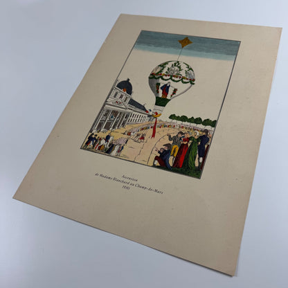Coloured print hot air balloon, Madame Blanchard’s ascension Aerial Press 1956