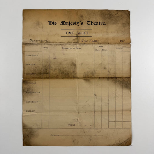 His Majesty’s Theatre London timesheet for 1900s