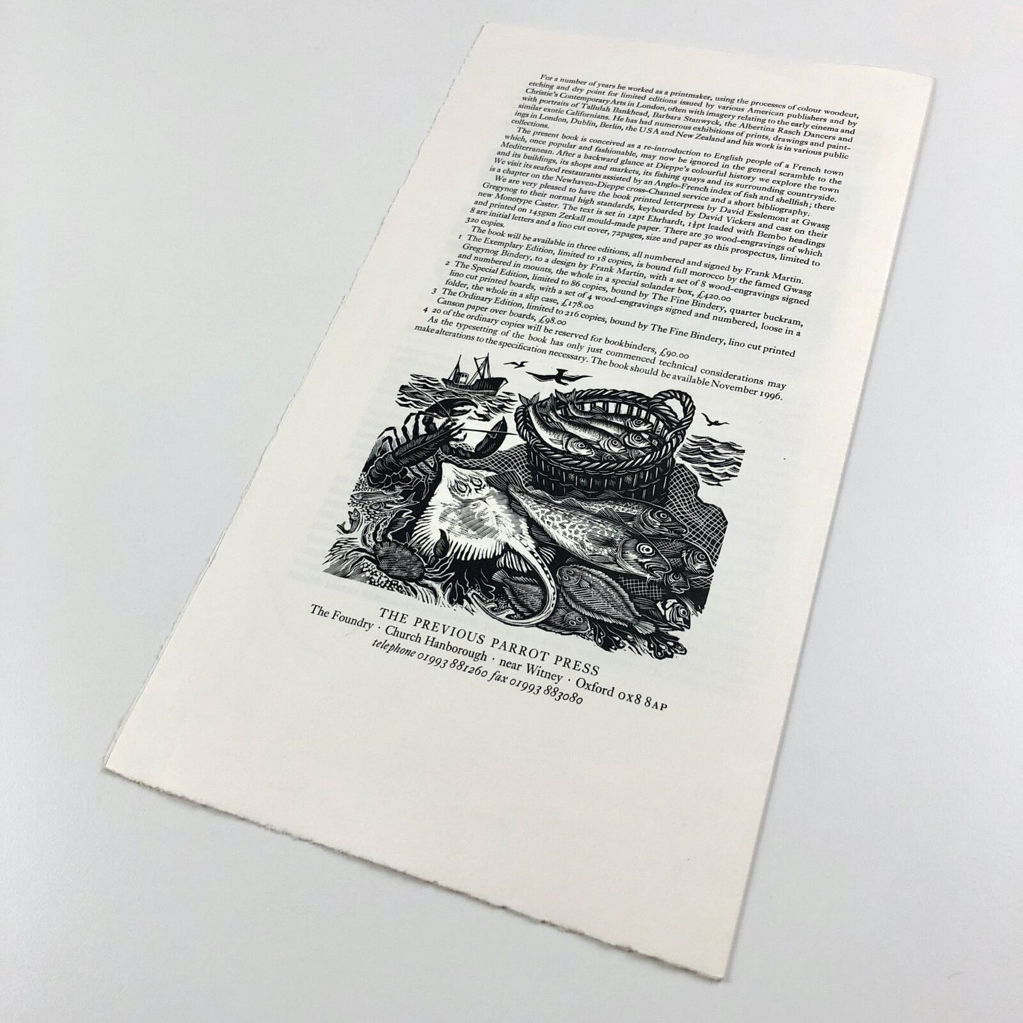 Prospectus for Newhaven Dieppe. Recollections and some History of the Town of Dieppe by Frank Martin with wood engravings by Frank Martin | The Previous Parrot Press c.1986