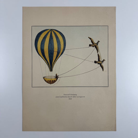 Coloured print of Neueste Erfindung linen Luftballon durch Adler zu regieren 1801 | Aerial Press, 1956