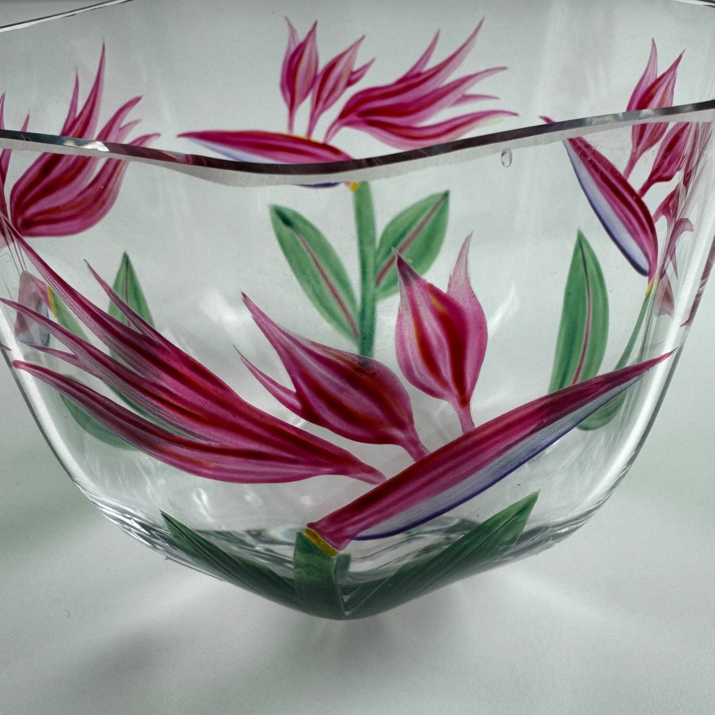 Glass bowl by Orrefors | Swedish, Birds of Paradise flower motif by Eva Englund, believed to be 1980s