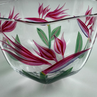 Glass bowl by Orrefors | Swedish, Birds of Paradise flower motif by Eva Englund, believed to be 1980s