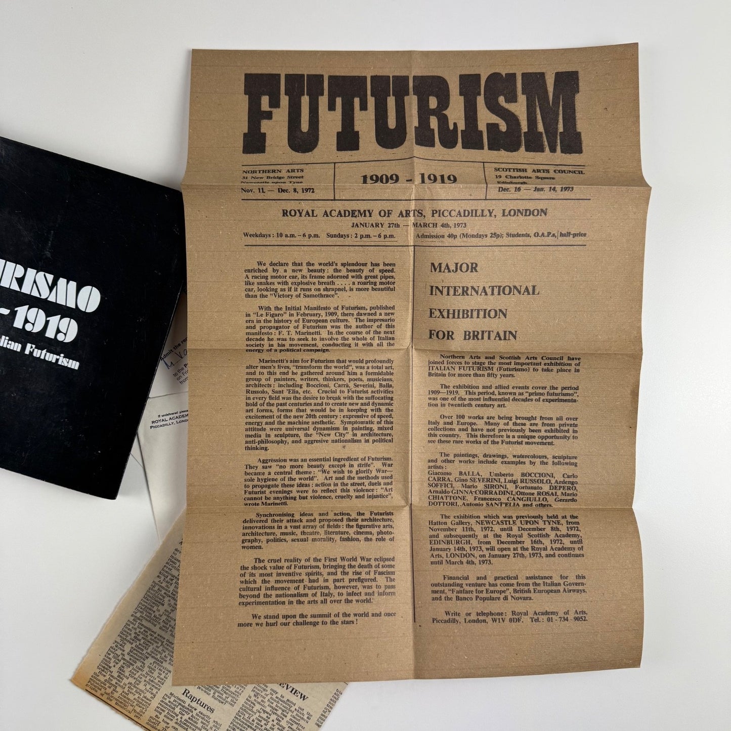 Futurismo 1909-1919 Exhibition of Italian Futurism Northern Arts 1972/3 + poster, press release, private view invitation and newspaper clippings