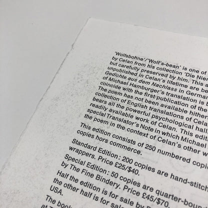 Prospectus – Wolfs-Bohne/Wolf’s-Bean by Paul Celan Delos Press/William Drenttel