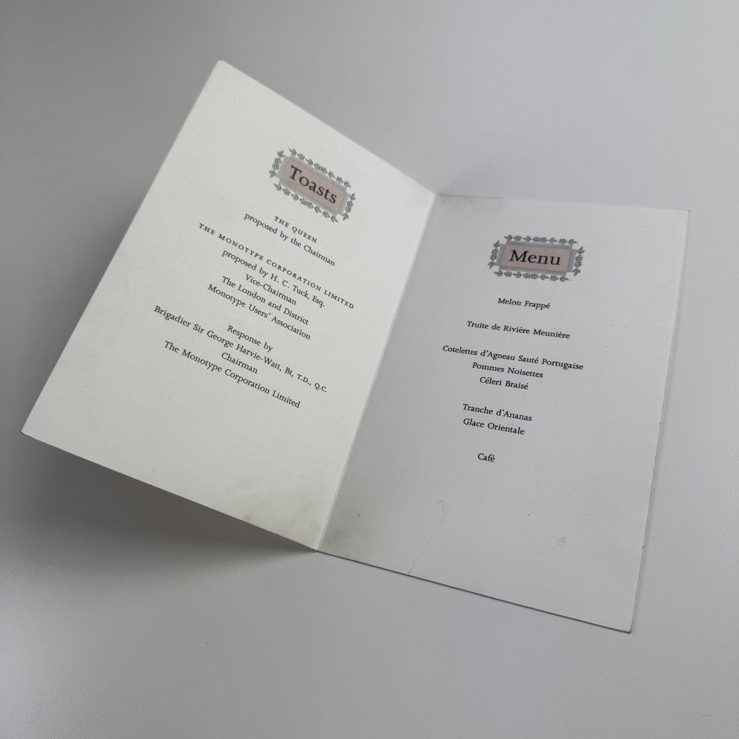 Menu for London and District Monotype Users' Association Monotype Joanna
