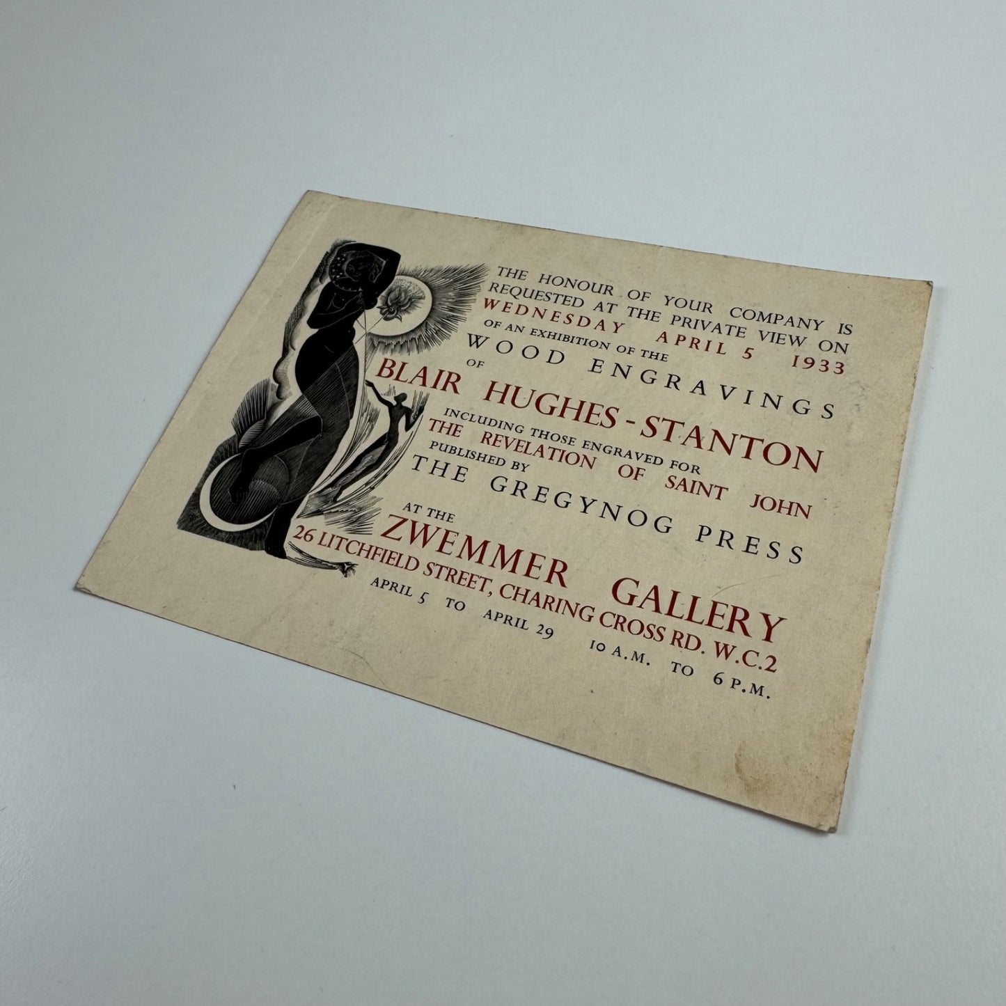 Private view invite for Wood Engavings of Blair Hughes-Stanton wood-engravings Zwemmer Gallery 1933