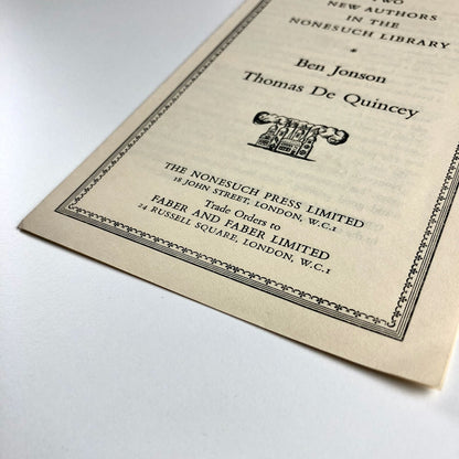 Two New Authors in the Nonesuch Press Library: Ben Jonson, Thomas De Quincey 1939 | Promotional leaflet