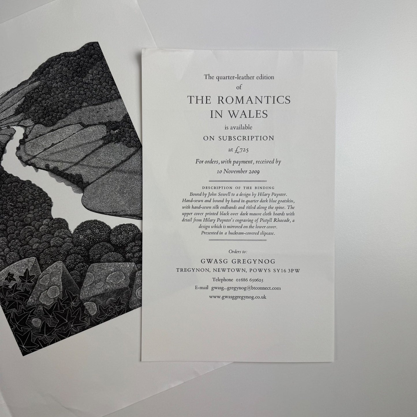 Prospectus for The Romantics in Wales edited by Glyn Tegai Hughes, wood engravings by Hilary Paynter Gregynog 2009