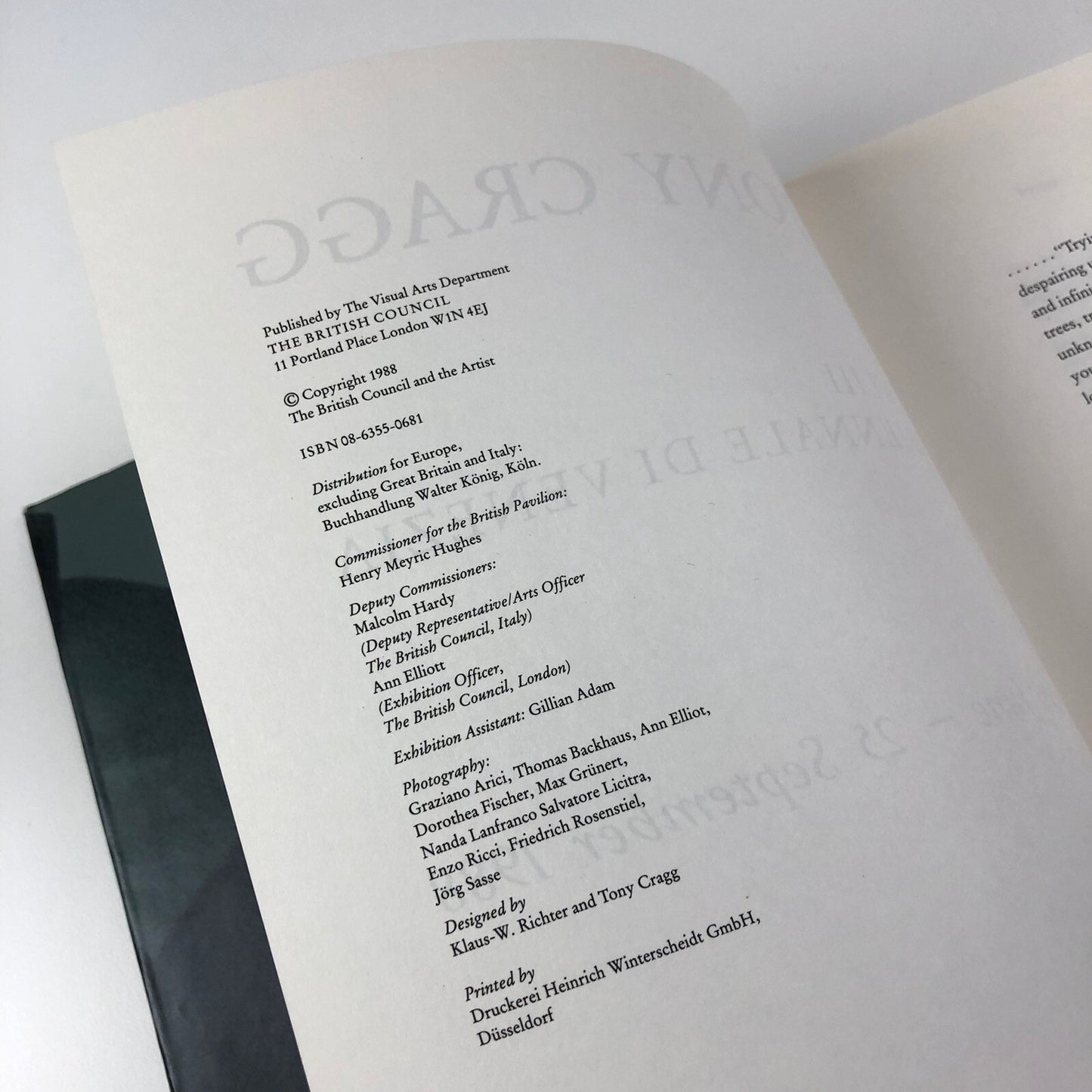 Tony Cragg. XLIII Biennale di Venezia | The British Council 1988 catalogue & guide