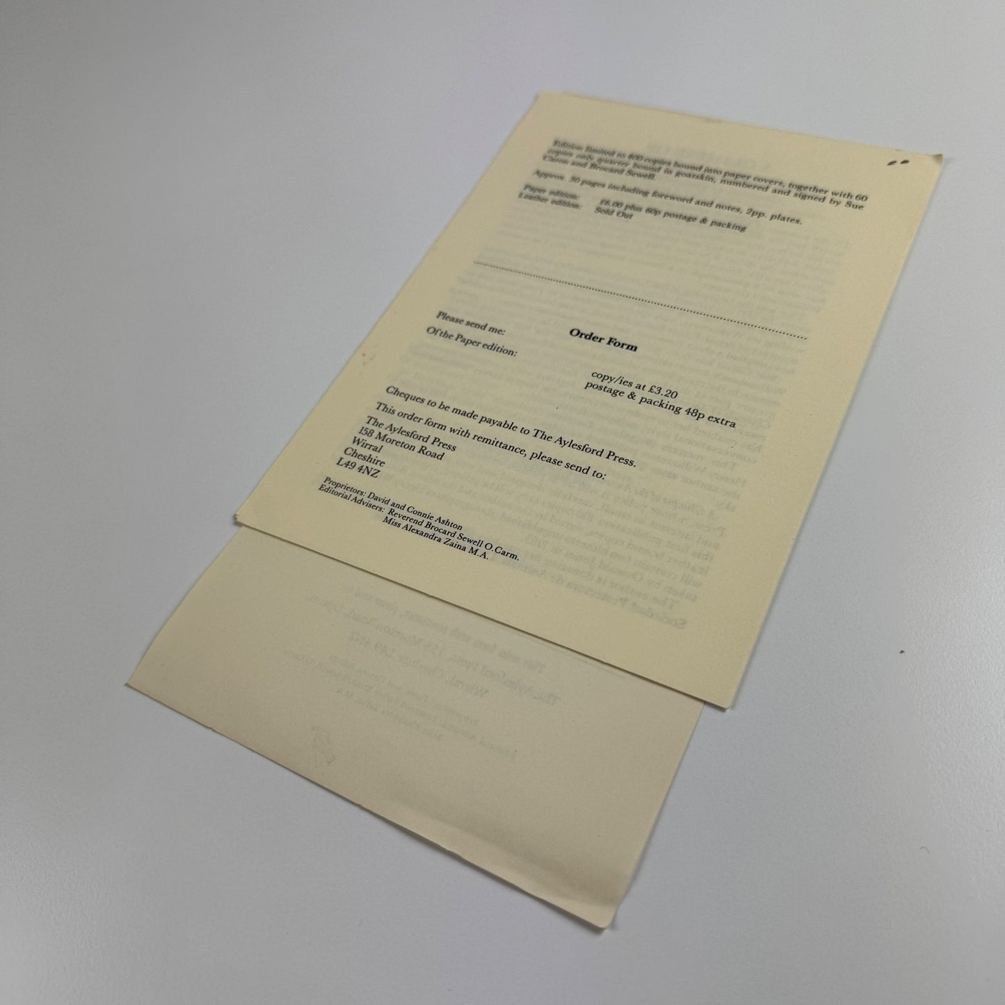 Four leaflets/order forms for The Aylesford Press books, c. 1988/9
