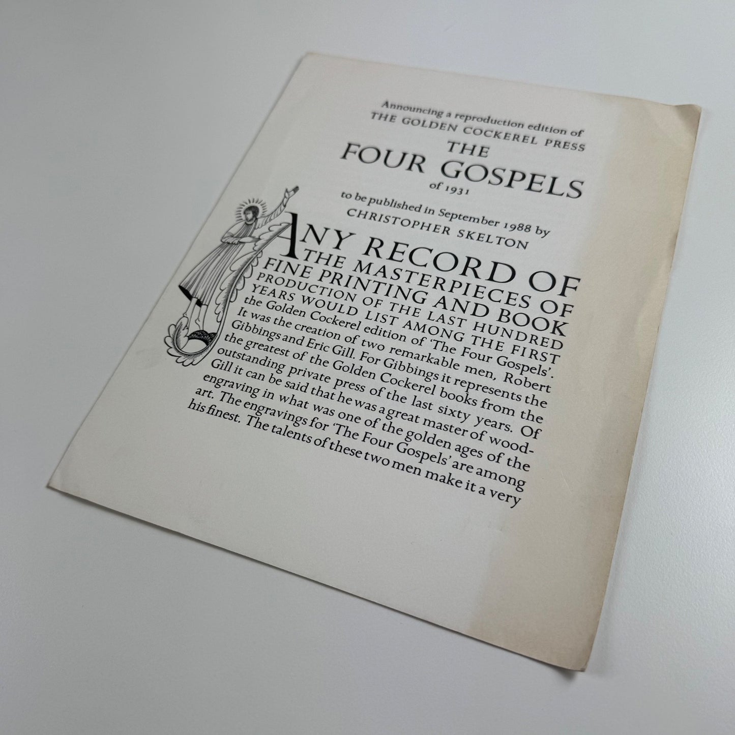 Order form for The Four Gospels The September Press Christopher Skelton, 1988 reproduction of The Golden Cockerel Press