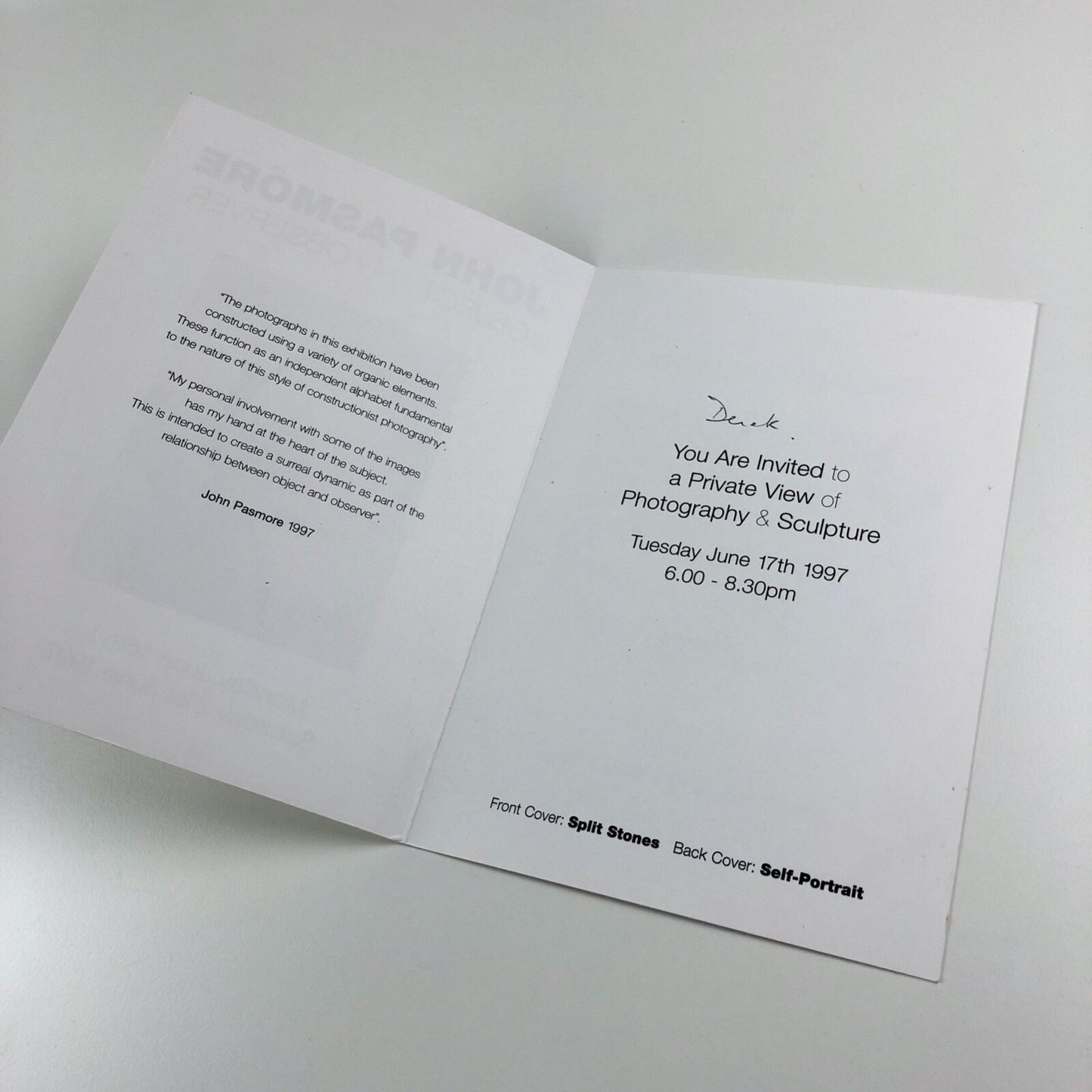 John Pasmore – Object & Observer, Paintings & Sculpture | The Air Gallery folded card, 1997