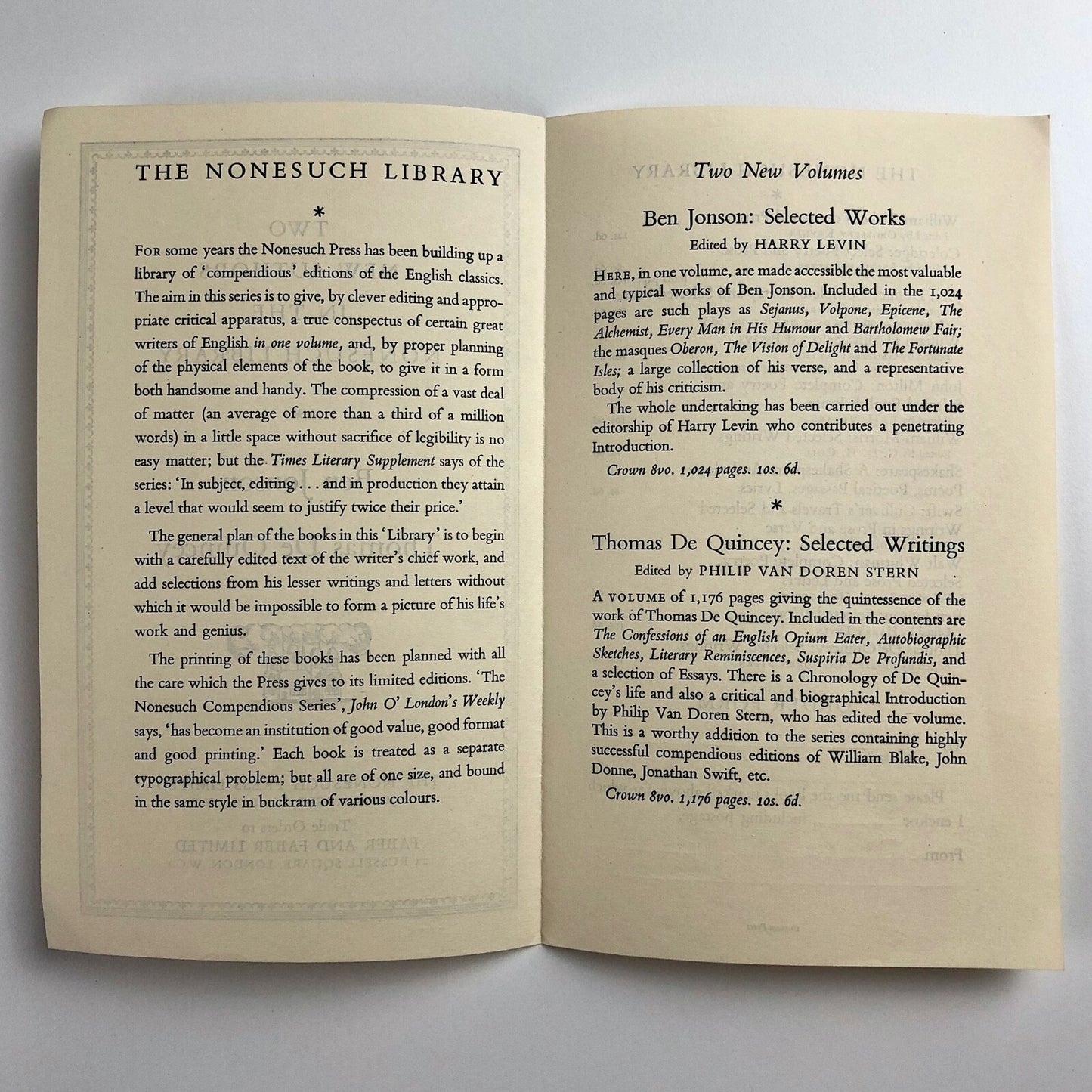 Two New Authors in the Nonesuch Press Library: Ben Jonson, Thomas De Quincey 1939 | Promotional leaflet