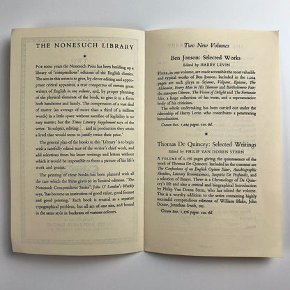 Two New Authors in the Nonesuch Press Library: Ben Jonson, Thomas De Quincey 1939 | Promotional leaflet