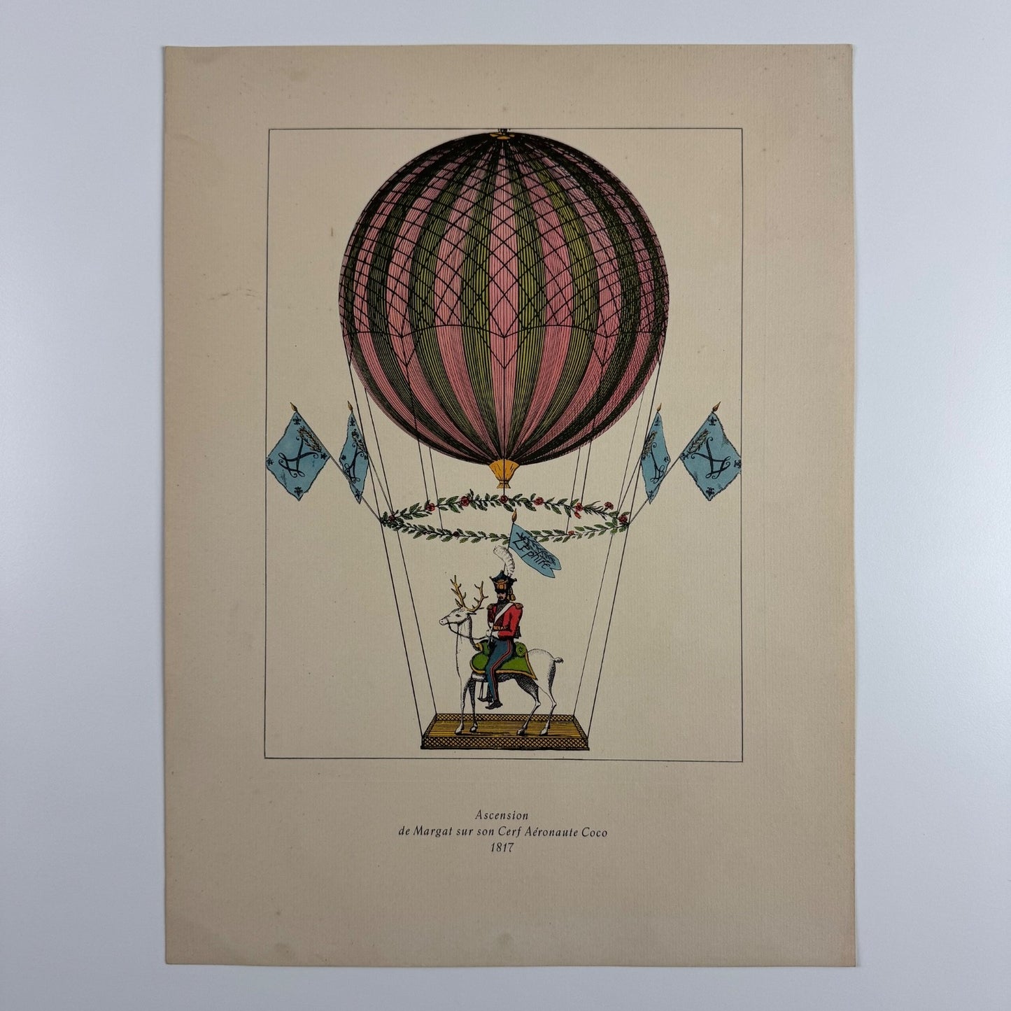 Coloured print of Ascension de Margat Sur son Cerf Aéronaute Coco in 1817, Aerial Press 1956