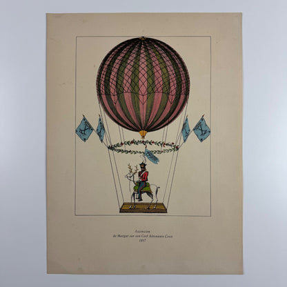 Coloured print of Ascension de Margat Sur son Cerf Aéronaute Coco in 1817, Aerial Press 1956