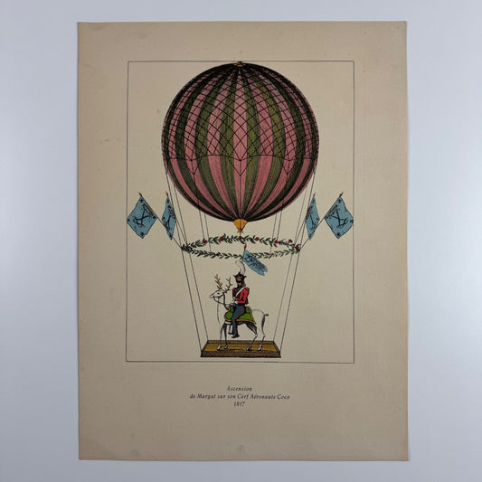 Coloured print of Ascension de Margat Sur son Cerf Aéronaute Coco in 1817, Aerial Press 1956