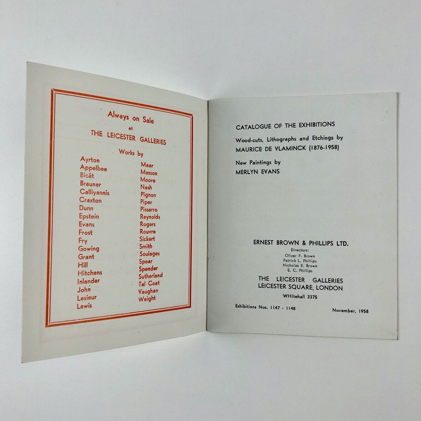 Maurice de Vlaminck Wood-cuts, Lithographs and Etchings | Merlyn Evans New Paintings | Ernest Brown & Phillips, The Leicester Galleries November 1958