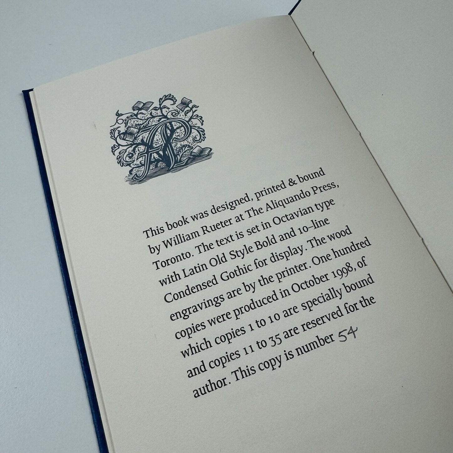 Bell Buoys. Poems by Jan Schreiber | William Rueter, The Aliquando Press, Toronto, 1998 | edition of 100 this being no. 54