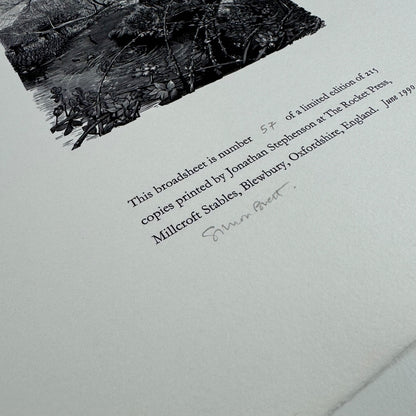 Broadsheet for the poem Downland Village (Oxfordshire) by Keith Spencer with wood engravings by Simon Brett.   Limited edition of 215 this being numbered 57 printed by Jonathan Stephenson at The Rocket Press in June 1990