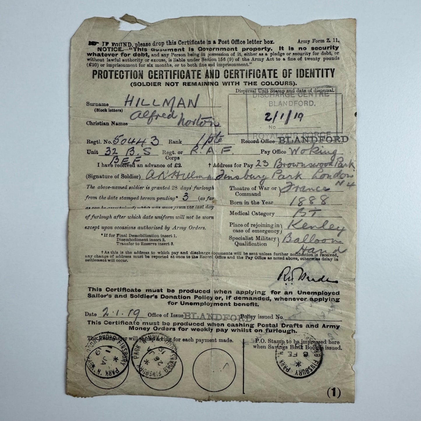 Identity certificate for Alfred Norton Hillman balloon hand 32 B.S. B.E.F. British Expeditionary Force in France. Dated 2 January 1919