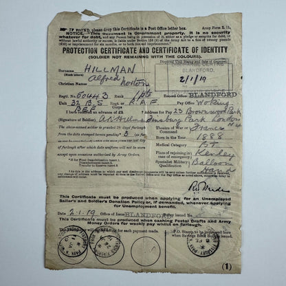 Identity certificate for Alfred Norton Hillman balloon hand 32 B.S. B.E.F. British Expeditionary Force in France. Dated 2 January 1919