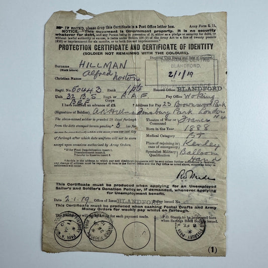 Identity certificate for Alfred Norton Hillman balloon hand 32 B.S. B.E.F. British Expeditionary Force in France. Dated 2 January 1919