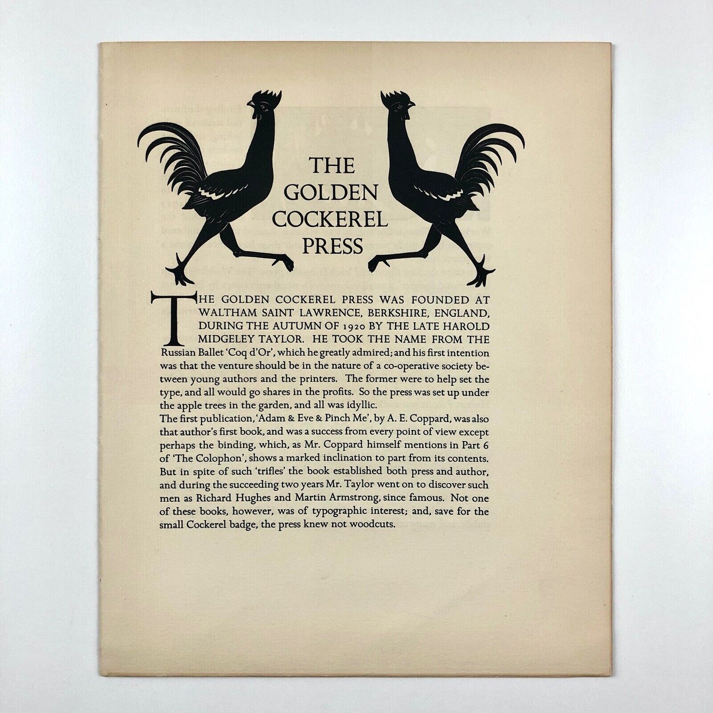 The Golden Cockerel Press – leaflet article printed for The Colophon, July 1931 | Engravings by Robert Gibbings