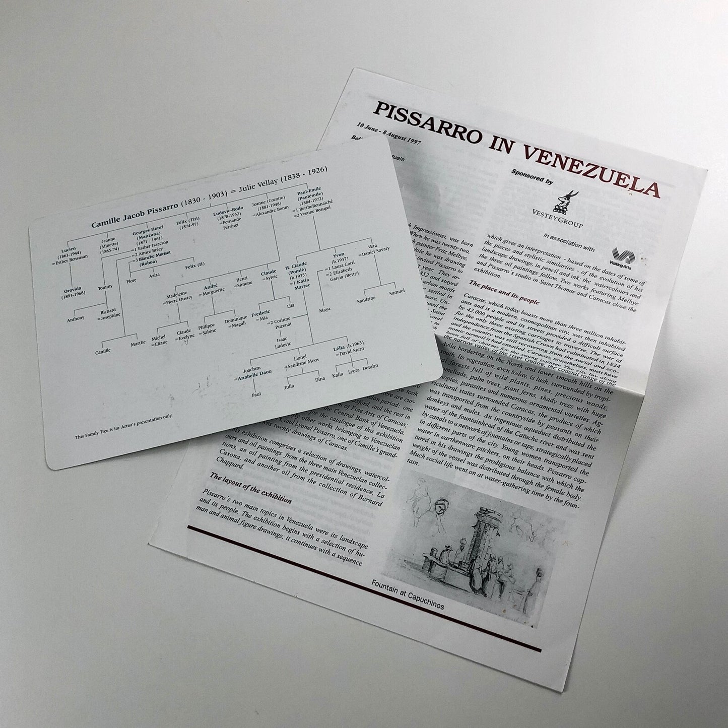 Pissarro in Venezuela – event leaflet and family tree card | Bolivar Hall, 1997
