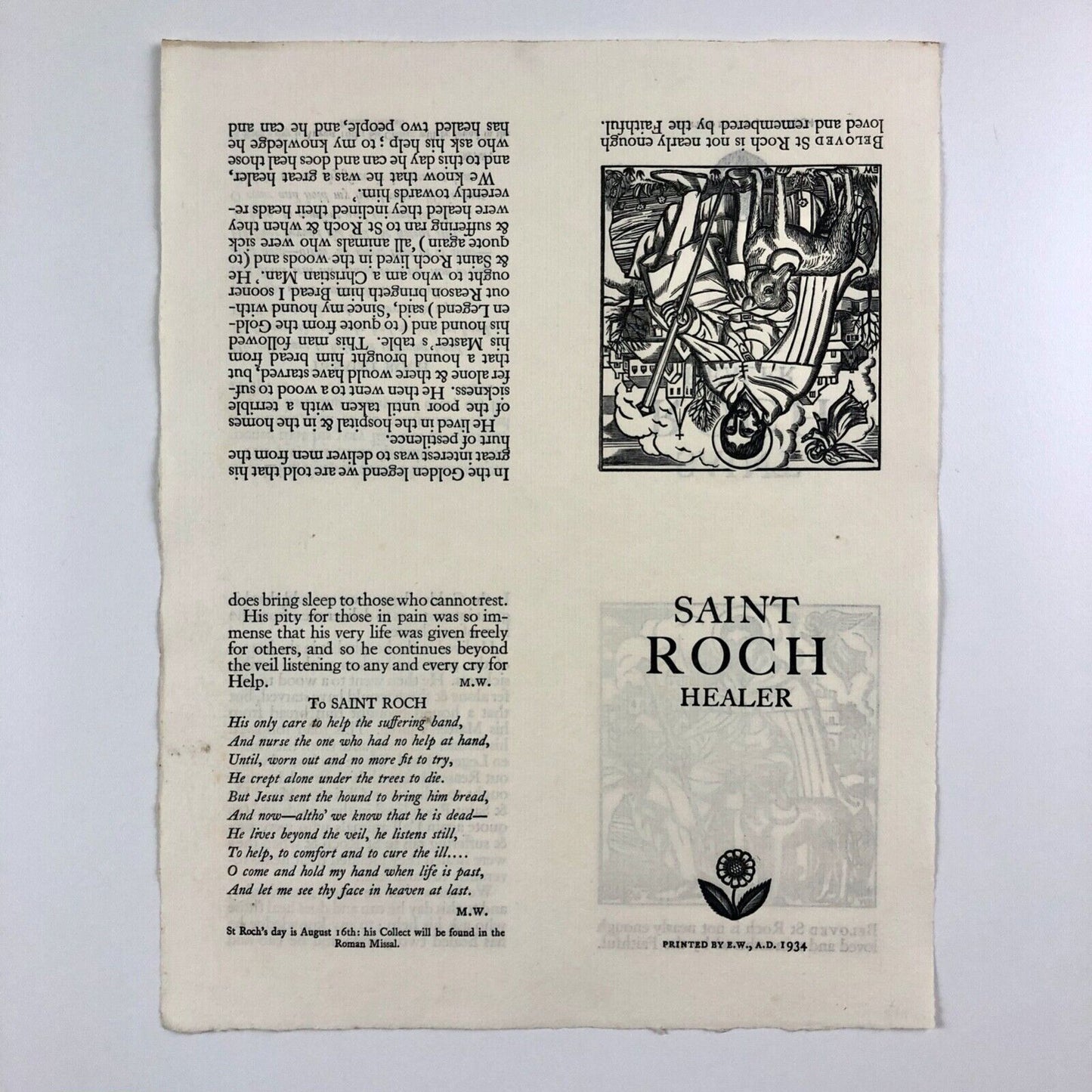 Saint Roch Healer. Leaflet as broadsheet. Printed by 'E.W.' Edward Walters, 1934