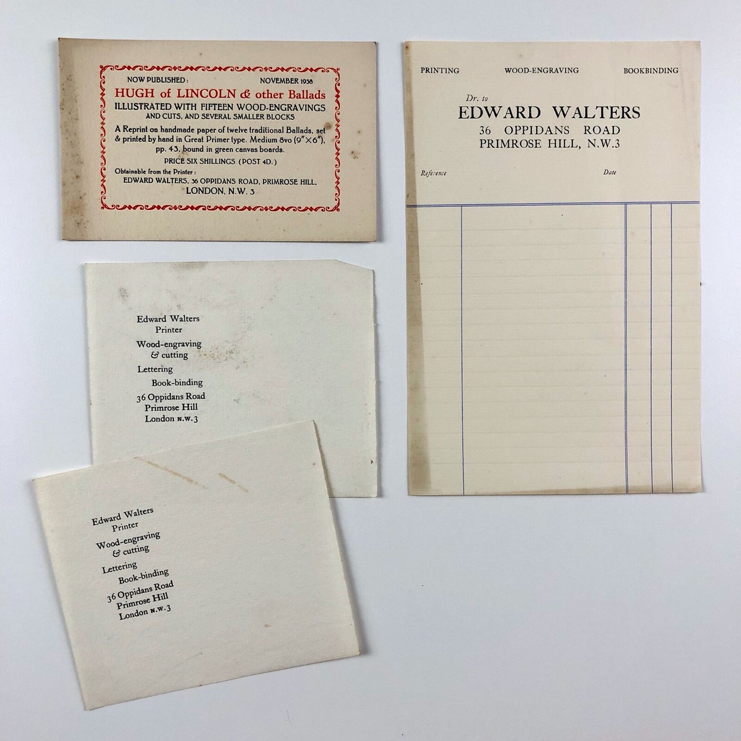 Four pieces of printed ephemera relating to Edward Walters | Fleece Press, c.1930s
