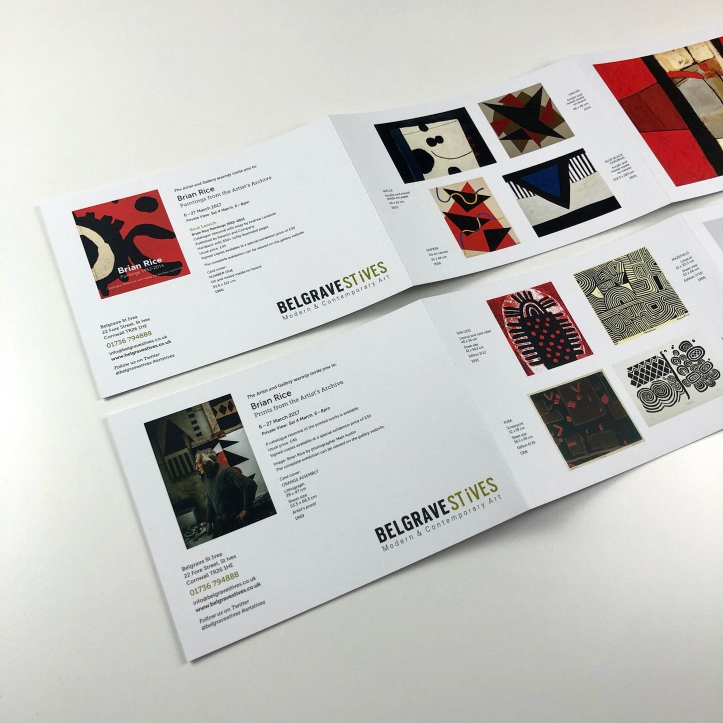Brian Rice – 2017 Prints / Paintings from the Artist's Archive | Two folded cards with price list, Belgrave Gallery, 2017