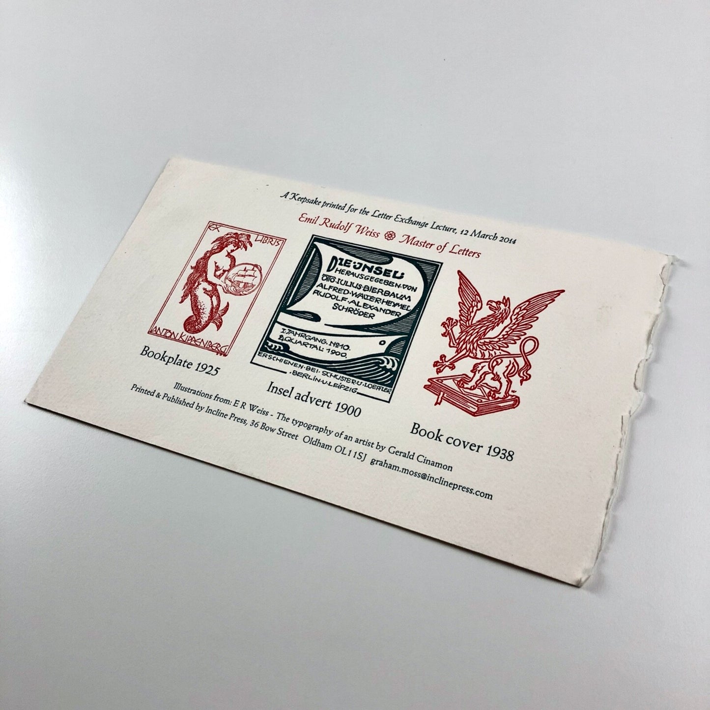 Keepsake for the Letter Exchange – Lecture 12 March 2014 | Emil Rudolf Weiss