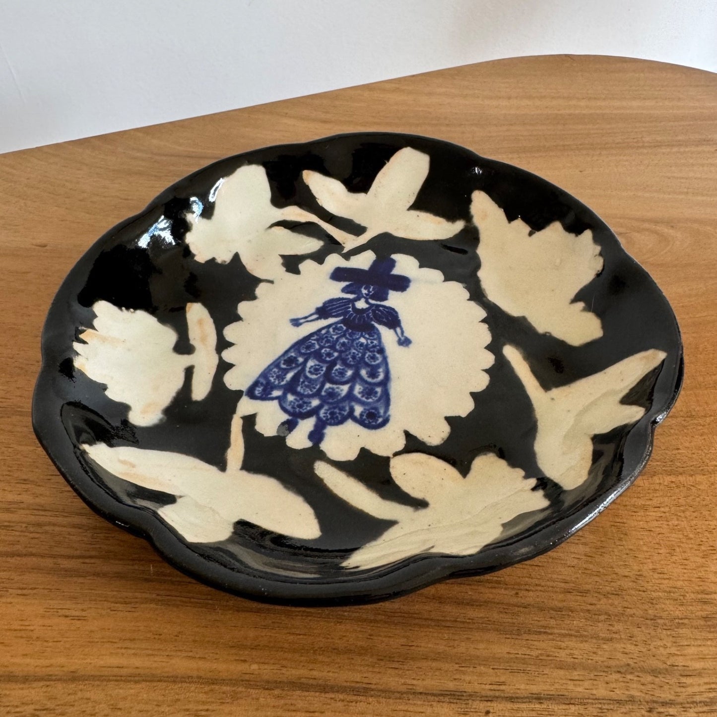 Francesca Kaye studio pottery small platter female figure folk art signed