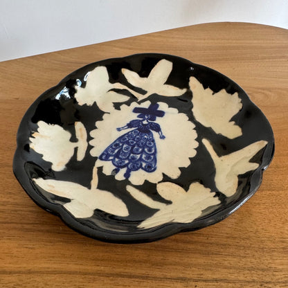 Francesca Kaye studio pottery small platter female figure folk art signed