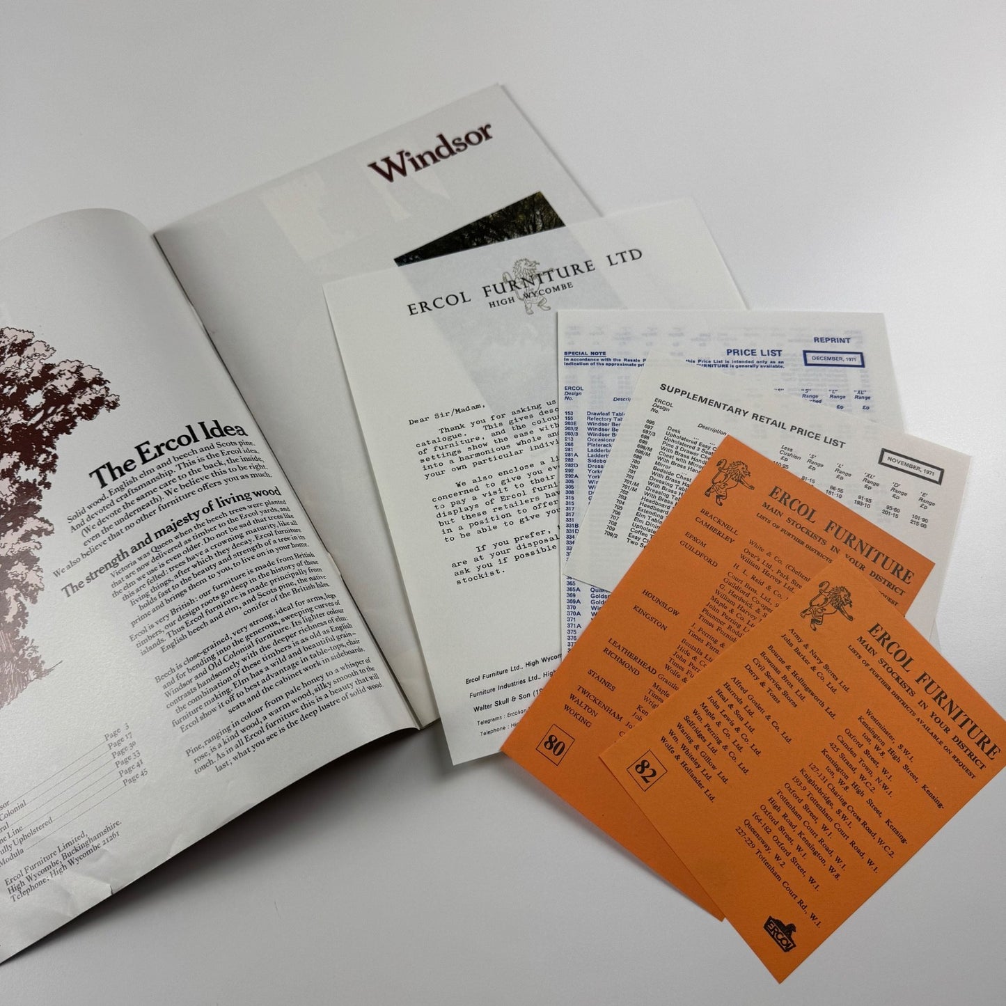Ercol ’72 Brochure includes price lists and stockist lists furniture