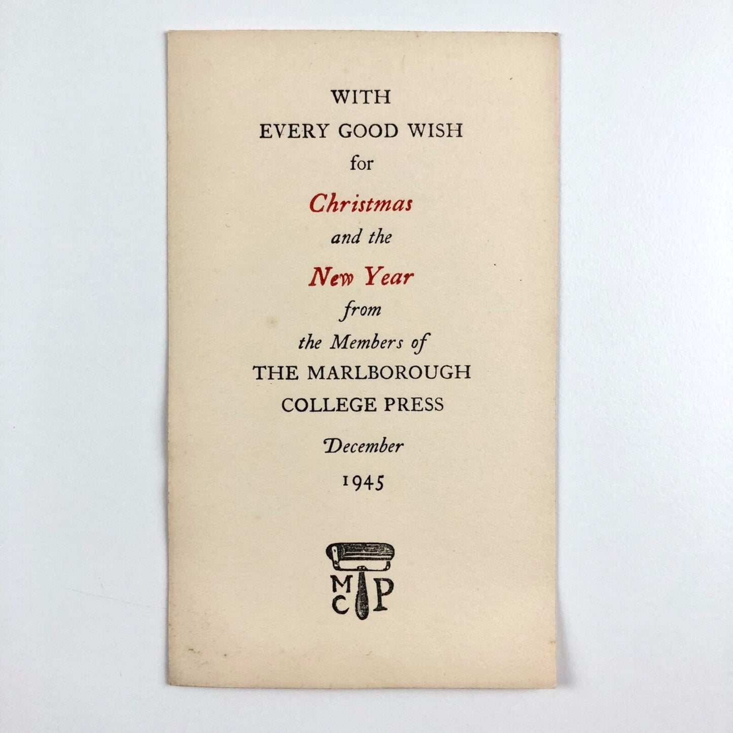 Small Christmas card – from the Members of The Marlborough College Press | December 1945