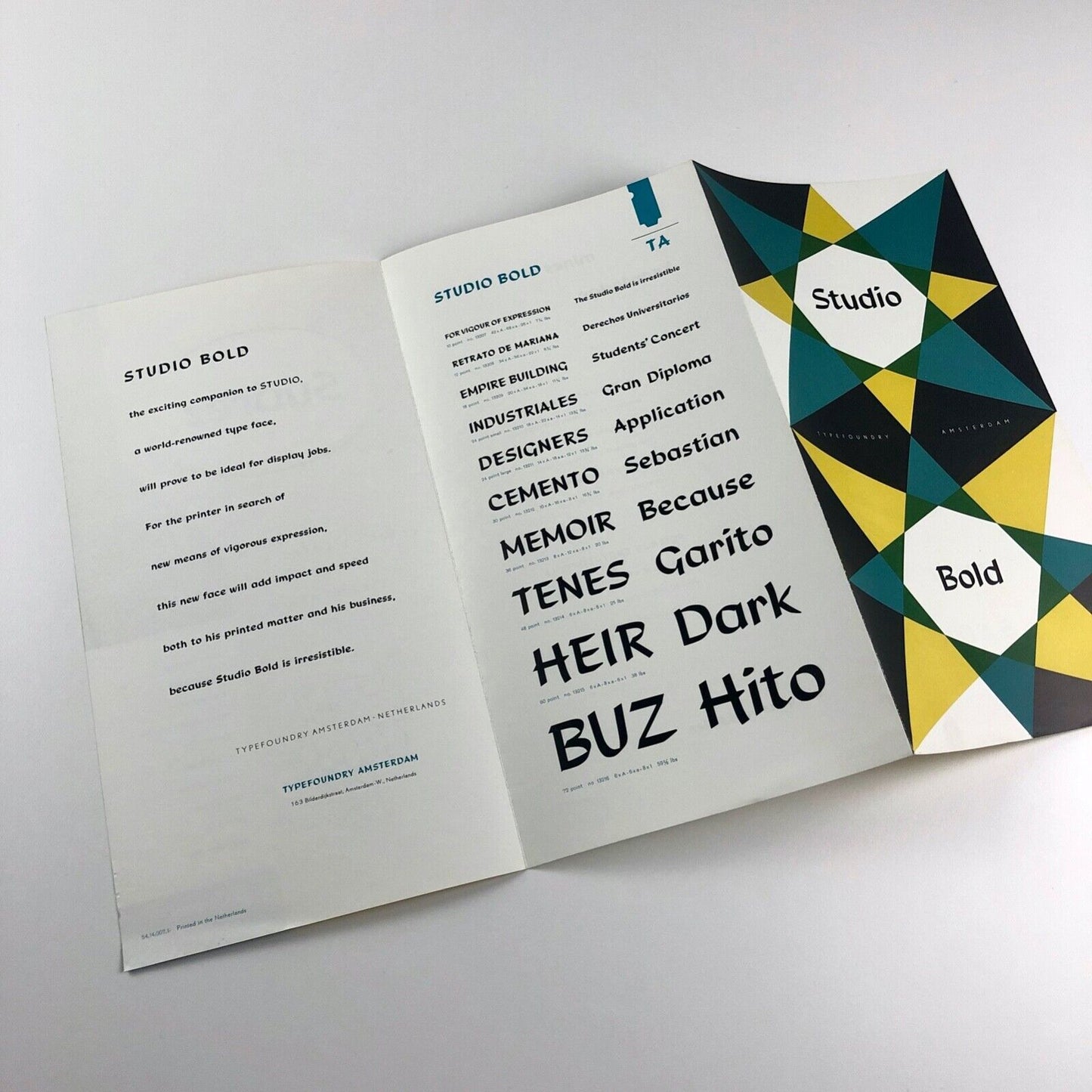 Studio Bold - Typefoundry Amsterdam | Type specimen leaflet | Dolf Overbeek, 1954