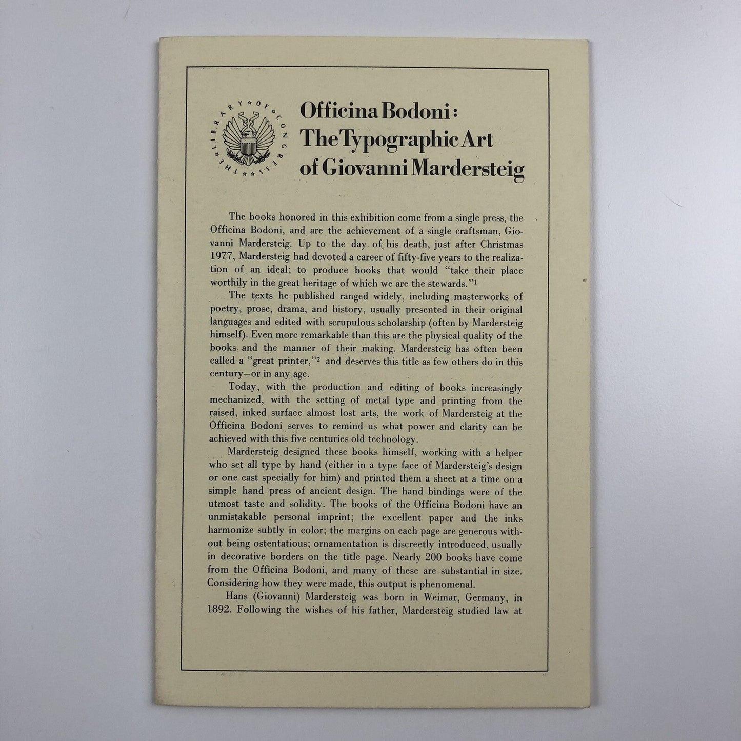 Officina Bodoni: The Typographic Art of Giovanni Mardersteig Library of Congress