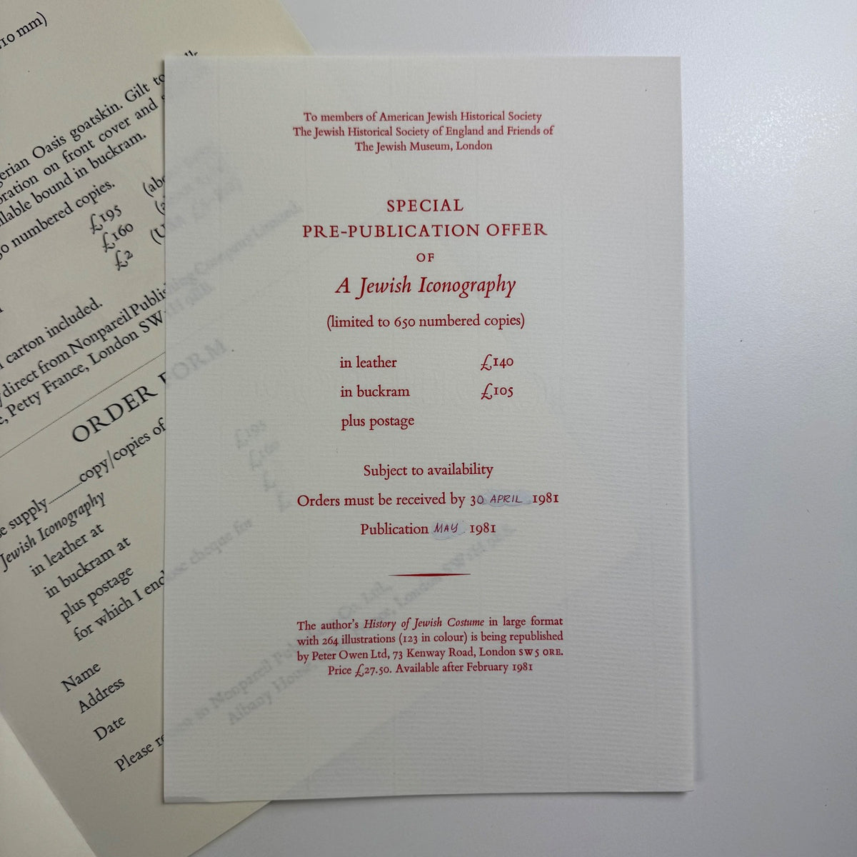 Prospectus for A Jewish Iconography by Alfred Rubens Nonpareil Publishing, 1981